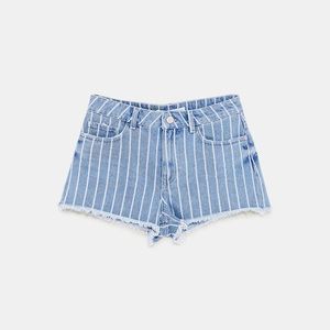 Zara Striped Frayed Hem Denim Shorts
